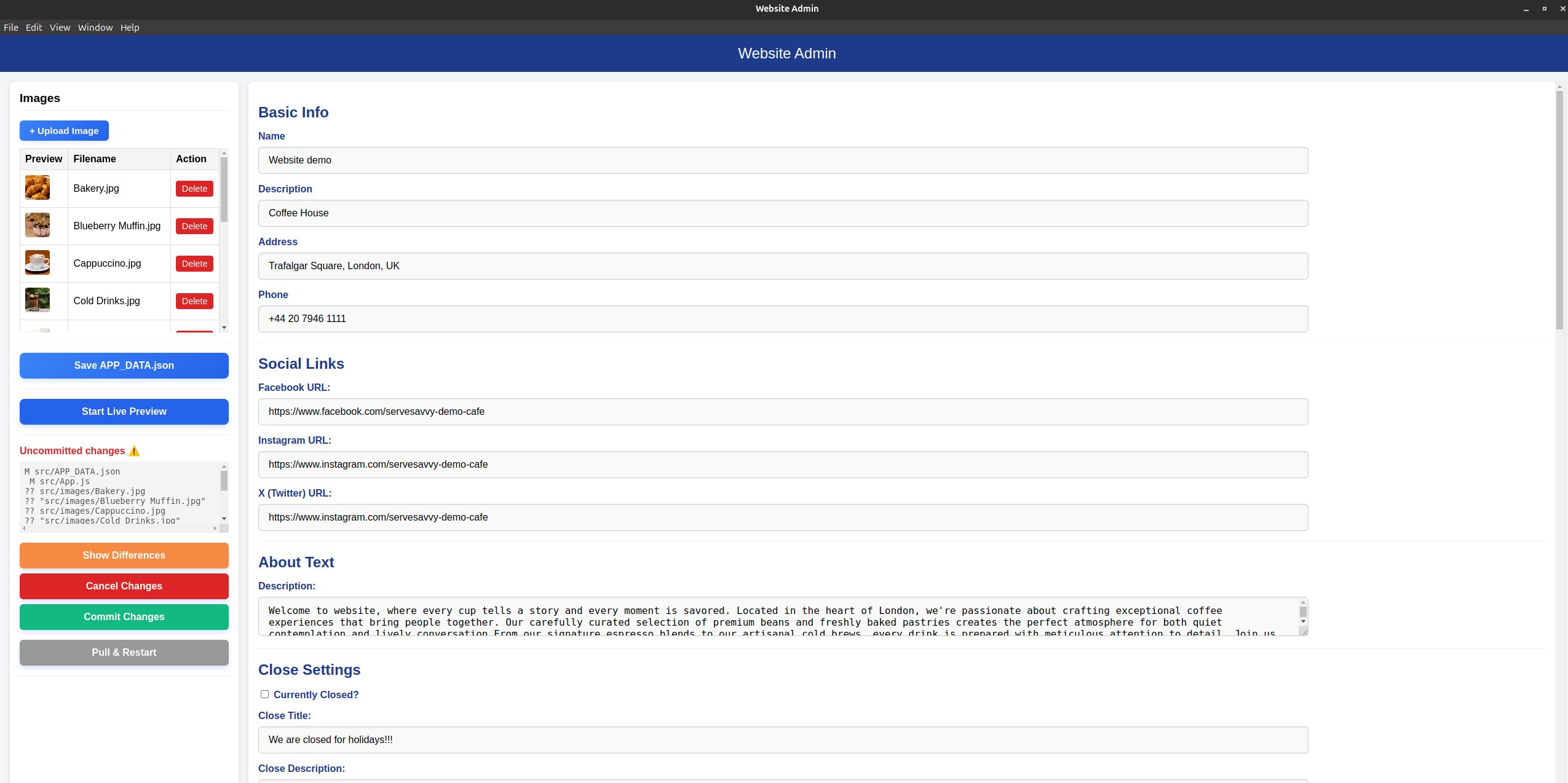 Admin app demo screenshot